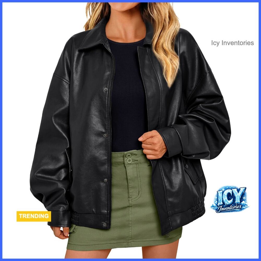 Oversized PU Leather Motorcycle Jacket with Zip Closure